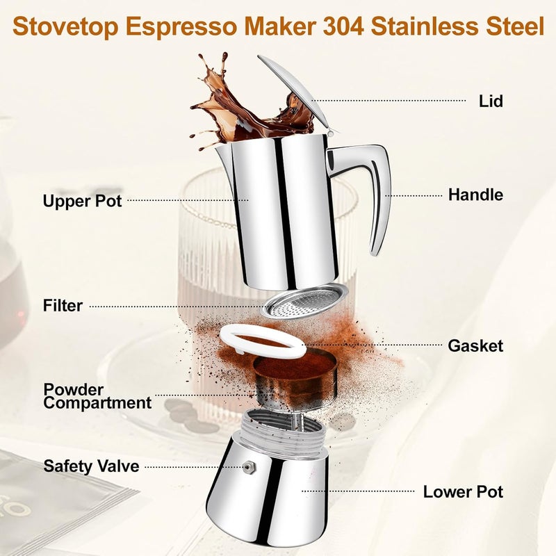Vaolvpant وعاء موكا من الفولاذ المقاوم للصدأ 304 بسعة 4 أكواب بدون طلاء، صانع إسبريسو على الموقد، آلة قهوة إيطالية 200 مل 6.8 أونصة مناسبة للموقد الغازي والموقد الحثي، صانع قهوة جريكا، جهاز تحضير القهوة - Image 3